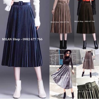 Chân váy nhung xếp ly kèm đai 2 kiểu 12 màu hot