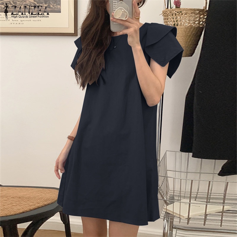 Đầm ZANZEA dáng chữ A ngắn tay cổ tròn dáng rộng thời trang