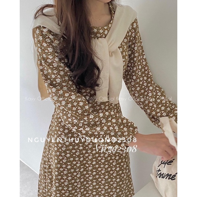 [HÀNG SẴN]VÁY-ĐẦM HOA NHUNG VINTAGE K.ER CỔ TRÒN CÓ DÂY THẮT EO HÀNG QUẢNG CHÂU | BigBuy360 - bigbuy360.vn