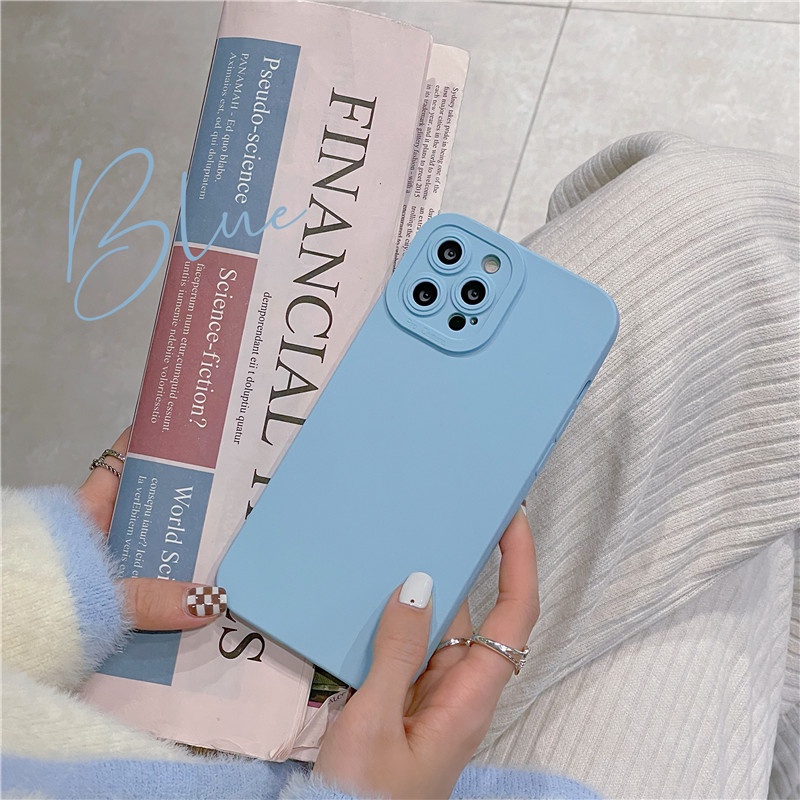 Ốp điện thoại TPU mềm bảo vệ camera màu xanh dương/xanh lá đơn giản thời trang cho IPhone 13 12 11 Pro Max XR 8 7 Plus
