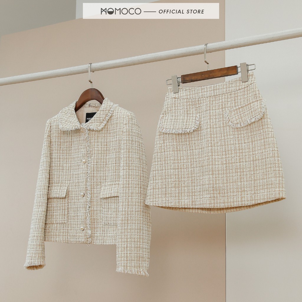 Set Dạ Tweed Be Cao Cấp MOMOCO Cổ Sen Tròn, Túi Có Nắp - M2754