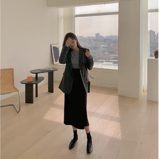 SUXI Chân váy midi dáng chữ A lưng cao màu đen phong cách Hàn Quốc