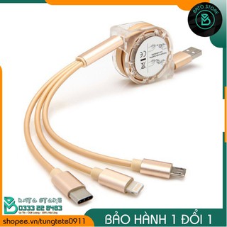 Cáp sạc 3 đầu Lightning Type C và Micro USB dây rút