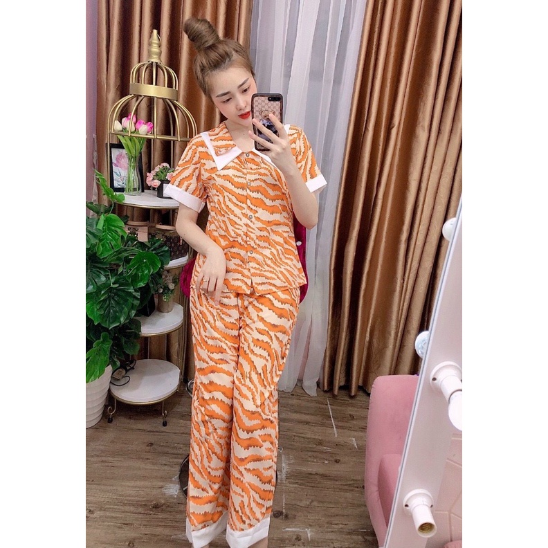 Đồ Bộ Nữ Dễ Thương, Quần Dài Tay Ngắn Cổ Sen Họa Tiết Như Hình, vải lụa hàn mềm mát, 1 size 45 đến 55kg