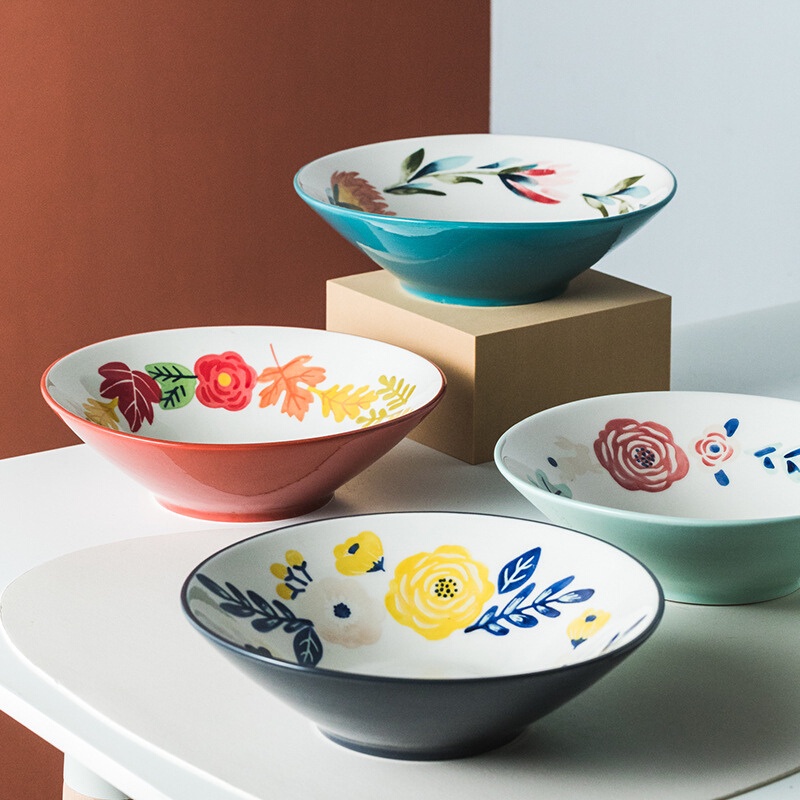 Bát tô sứ - bát tô hình trụ và hình nón tím than phong cách Hàn Quốc họa tiết hoa lá 4 mùa - trang trí căn bếp của bạn