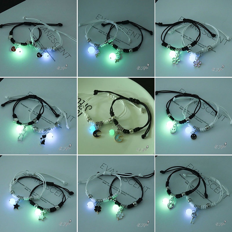 Set 2 vòng tay dây bện tình bạn nam châm dạ quang có thể điều chỉnh