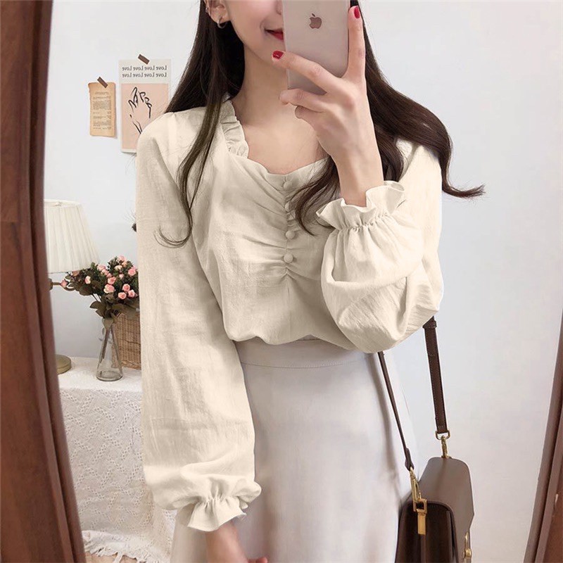 Áo sơ mi nữ trắng be dài tay bồng tiểu thư WANAWEAR cổ V bèo cực xinh chất đẹp dày dặn vintage Hàn Quốc | BigBuy360 - bigbuy360.vn
