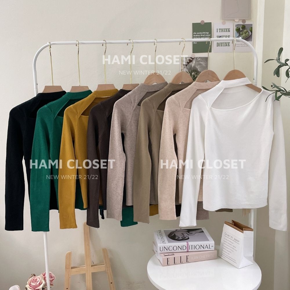 Áo len hở cổ dài tay, dáng cổ lệch vai chất len mềm bảng màu hàn quốc | BigBuy360 - bigbuy360.vn