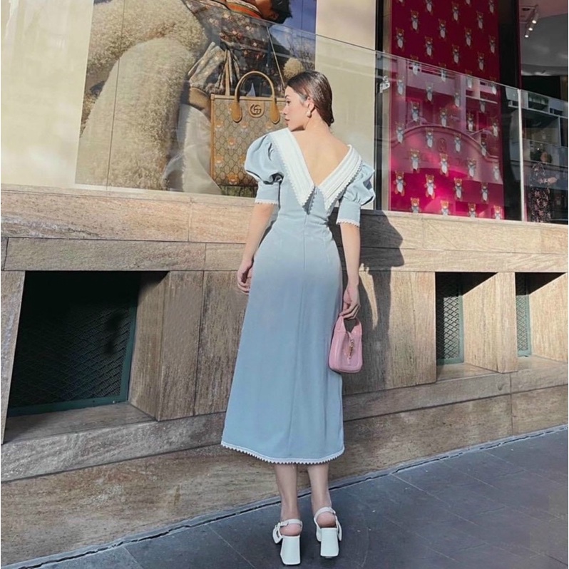 Đầm xoè công sở dạo phố cổ bẻ nút vintage tay phồng