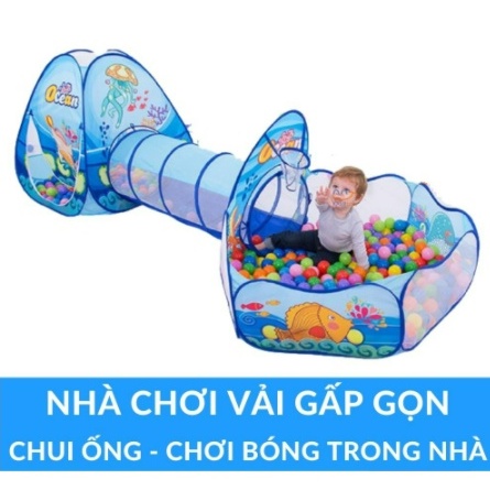 Nhà bóng cho bé tự bung gấp gọn gồm Lều + Ống chui + Quây banh kiểu khu vui chơi 3 khoang _Lều Elsa