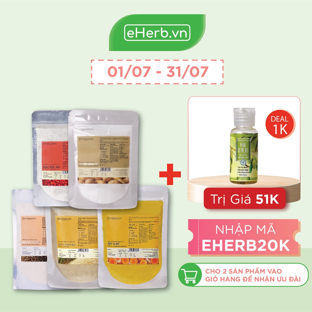 Combo 5 Mặt Nạ Bột Siêu Trắng Da: Cám Gạo, Yến Mạch, Đậu Đỏ, Khoai Tây, Nghệ MILAGANICS (100g/ Túi)