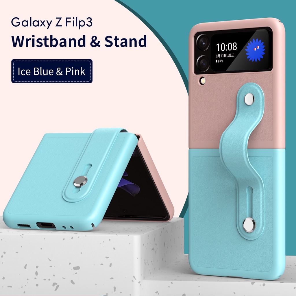 Bao Da Điện Thoại Nắp Lật Phối Màu Tương Phản Có Dây Đeo Tay Cho Samsung Galaxy Z Flip 3 Flip 4 Z Flip4 Flip3 5G