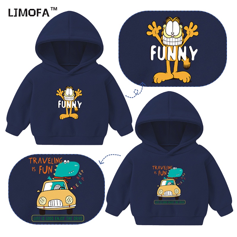 LJMOFA KIDS 2-6 mùa thu và mùa đông trẻ em áo khoác mũ áo khoác hoạt hình khủng long Garfield hình ảnh của bé trai và cô gái ấm áp áo khoác tay dài