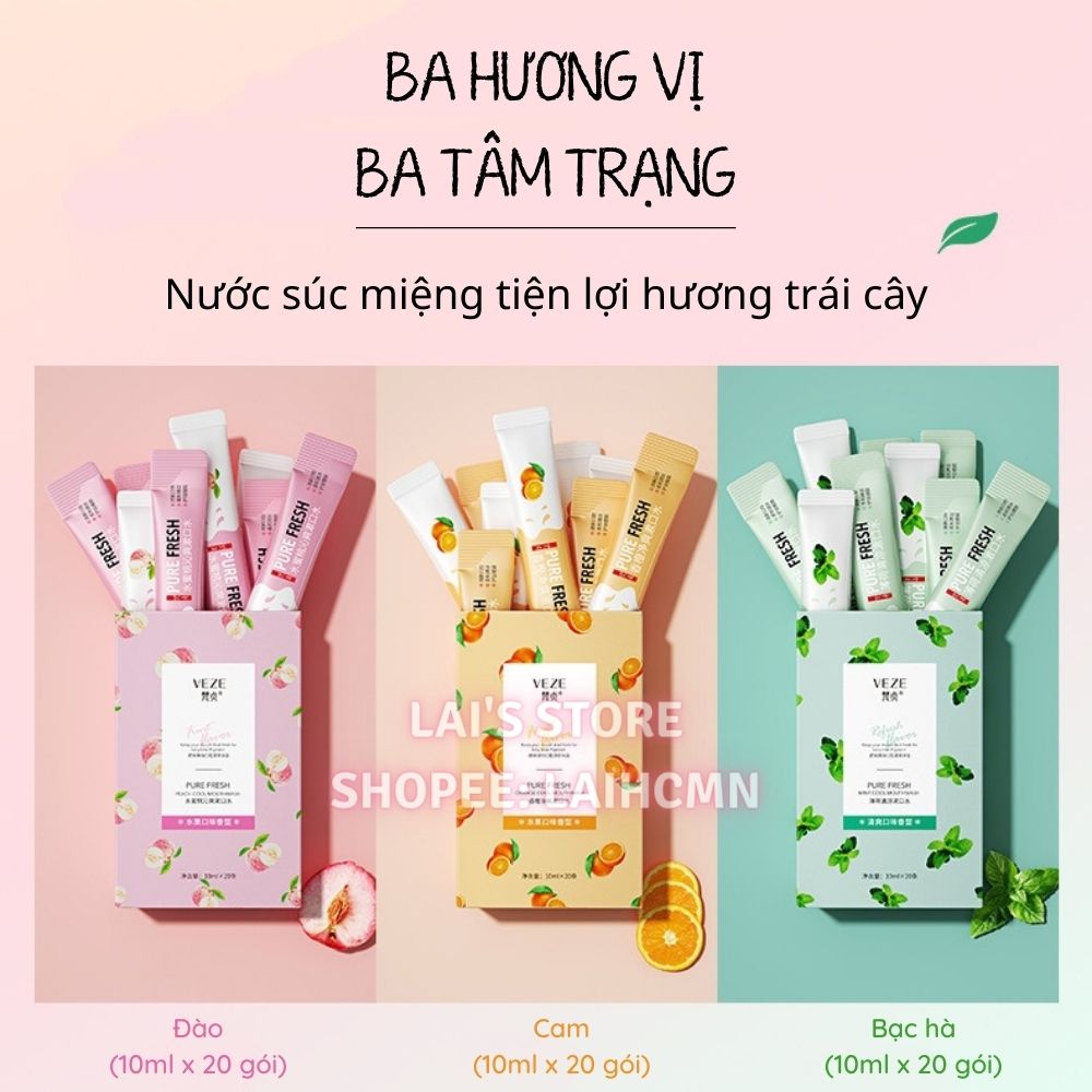Hộp 20 Gói Nước Súc Miệng Venzen Vị Đào, Cam, Bạc Hà Hơi Thở Thơm Mát Dài Lâu, Loại Bỏ Vết Ố Trên Răng, Hơi thở Có Mùi