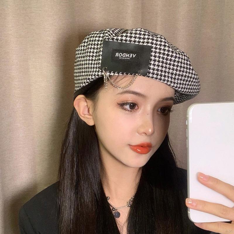 Mũ beret in họa sĩ phối dây xích kim loại phong cách Pháp cho nữ