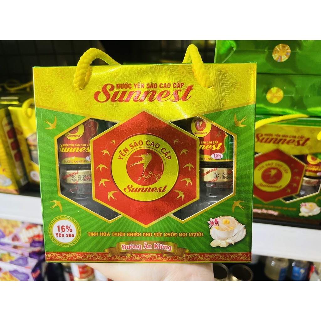 Hộp + túi xách quà tặng Yến Sunnest Hoàng Monnest Sallanest nhân sâm - đường phèn -tiểu đường 16% 6 hủ 70ml - em bé