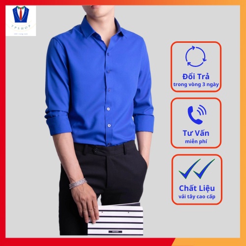 Sơ mi nam xanh cotton lụa trơn cao cấp | BigBuy360 - bigbuy360.vn