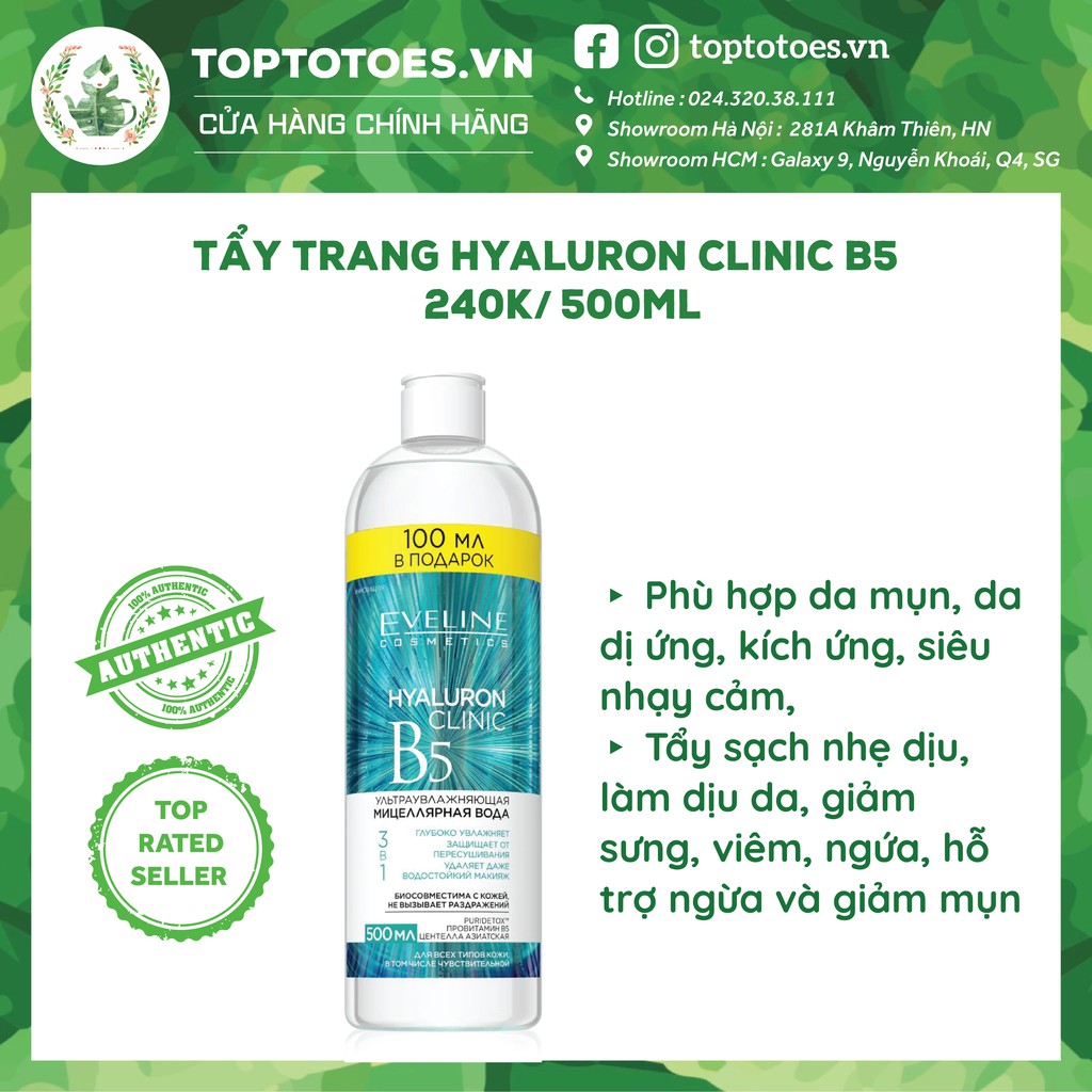 [HÀNG NHẬP KHẨU] Nước tẩy trang làm sạch nhẹ dịu Eveline Hyaluron Clinic B5 Puridetox 500ml | BigBuy360 - bigbuy360.vn