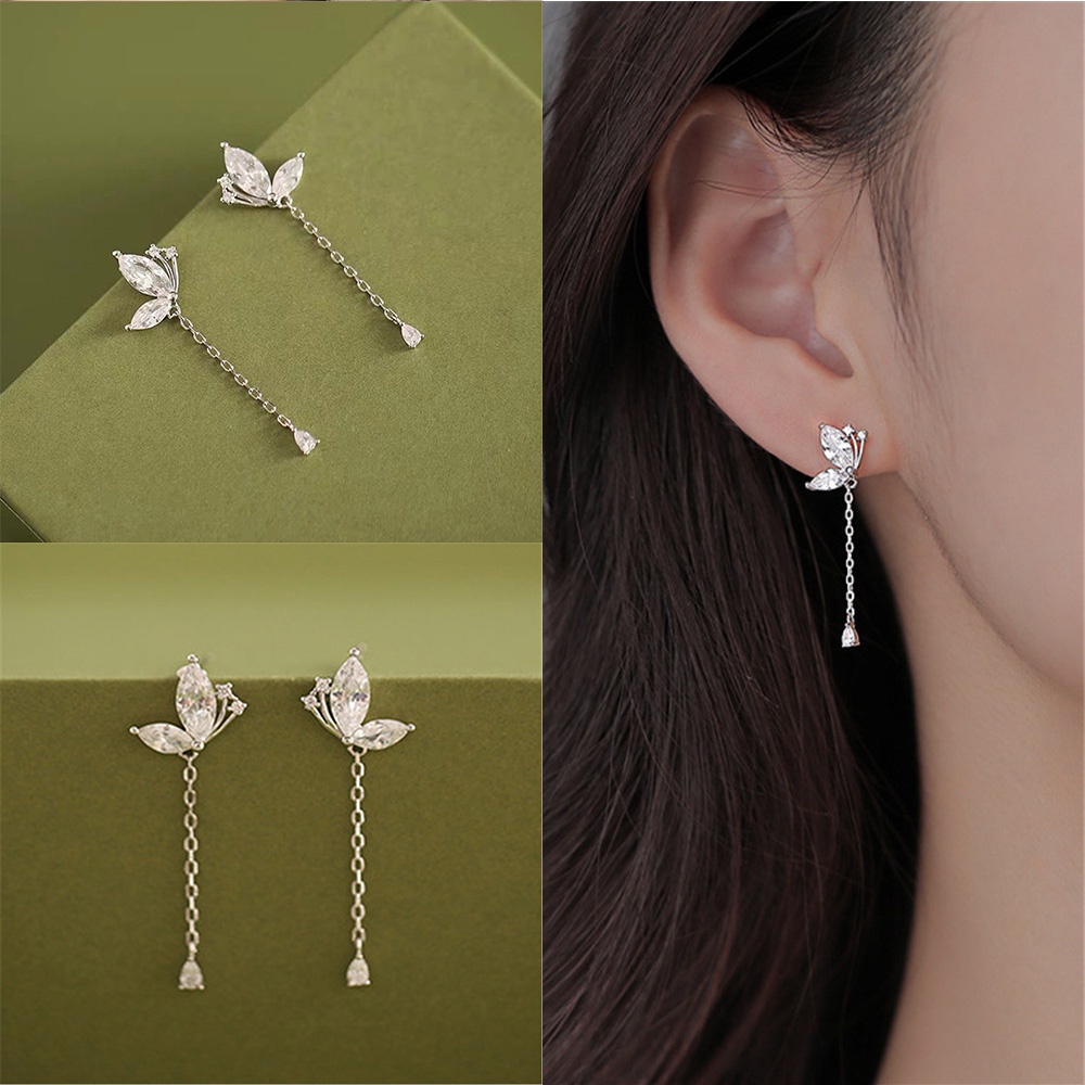 Đôi Khuyên Tai Dáng Dài Đính Bướm Pha Lê Xinh Xắn