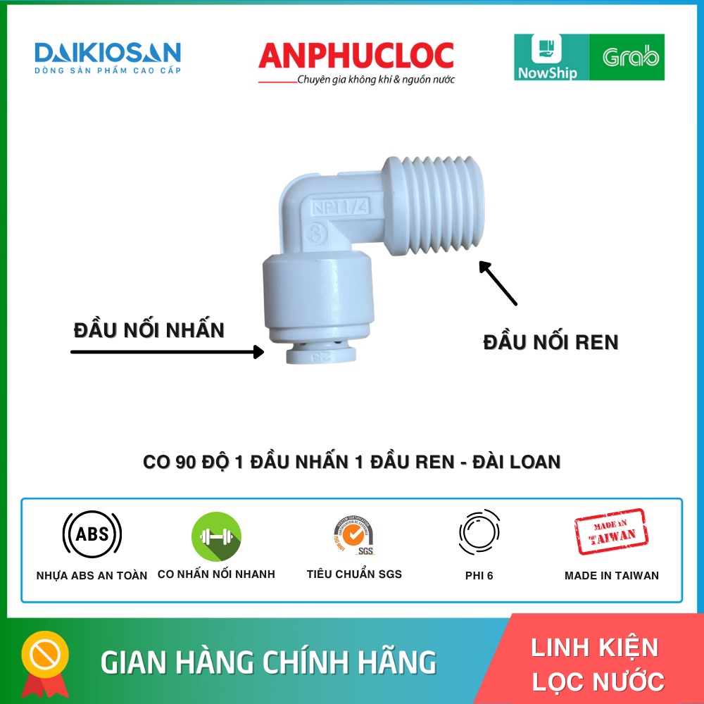 Co 4044 Đài Loan - Co 90 độ 1 đầu nhấn nối nhanh, 1 đầu ren Đài Loan