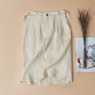 Chân váy linen xẻ tà màu be nhạt kachisa 578