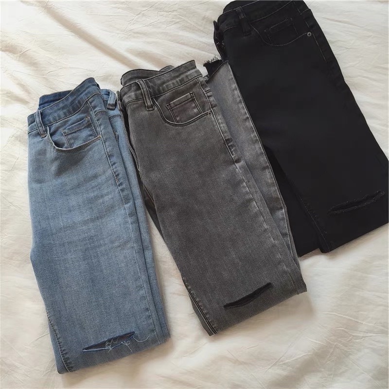 Quần TOPSHOP XÁM nữ rách đùi - Quần skinny jean ôm nữ xám HOT TREND  lưng cao quảng châu gấu tua co dãn FREESHIP