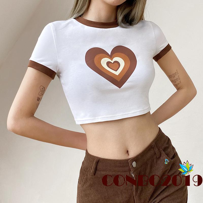 Áo Thun Nữ Ngắn Tay Cổ Tròn In Hình Trái Tim Thời Trang
