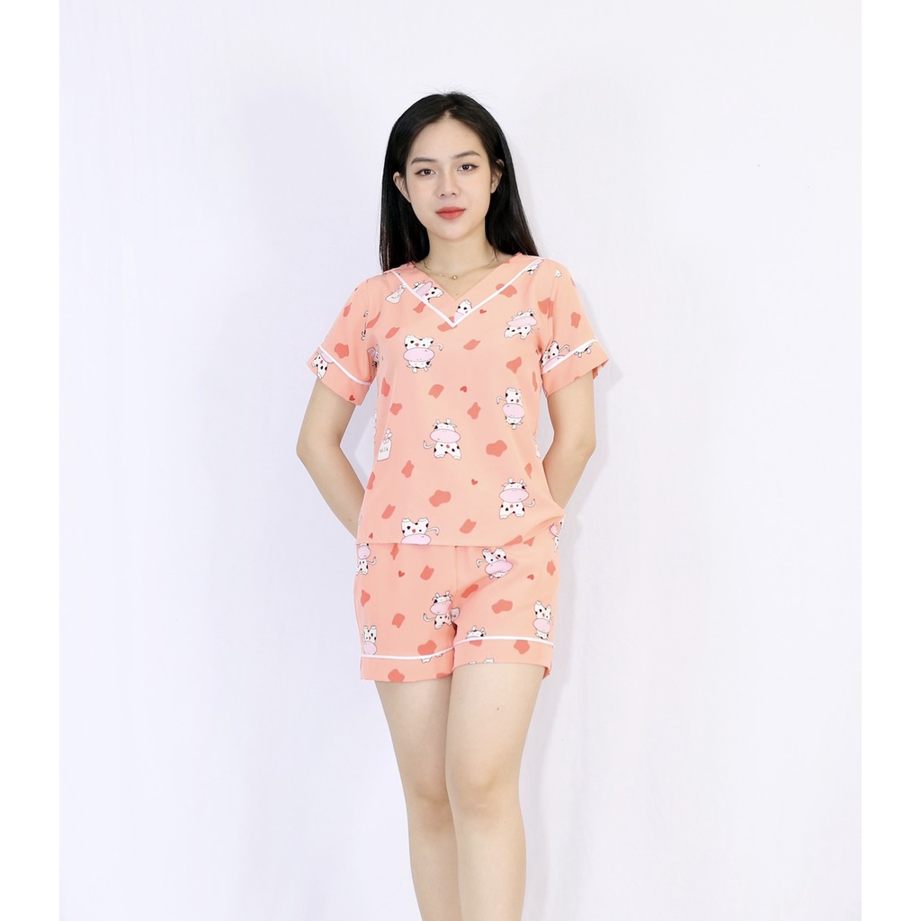 Bộ đồ bộ cổ tim kẹp gân HÌNH THÚ NỀN HỒNG CỰC XINH  vải lụa  - Thoải mái - Nhẹ nhàng