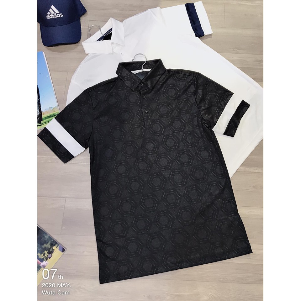 ÁO POLO ADIDAS MÀU ĐEN, VẠCH TRẮNG HAI BÊN TAY, HỌA TIẾT CHÌM FJ3834