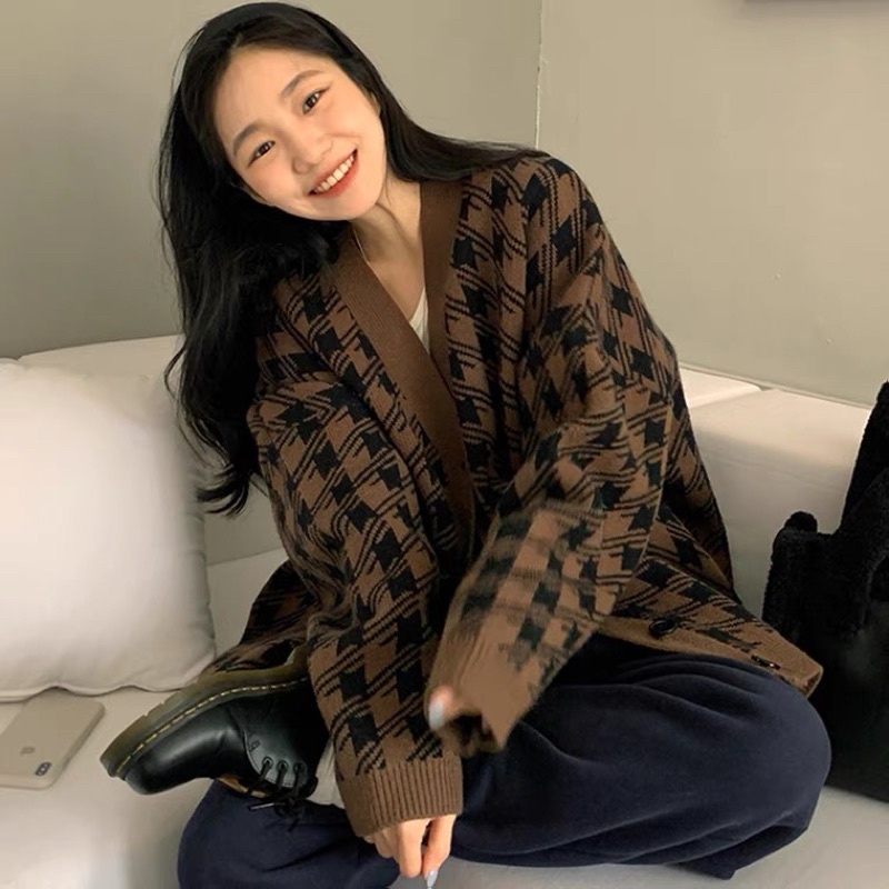 Áo Khoác Cadigan Len Kẻ Caro Form Rộng Oversize | BigBuy360 - bigbuy360.vn