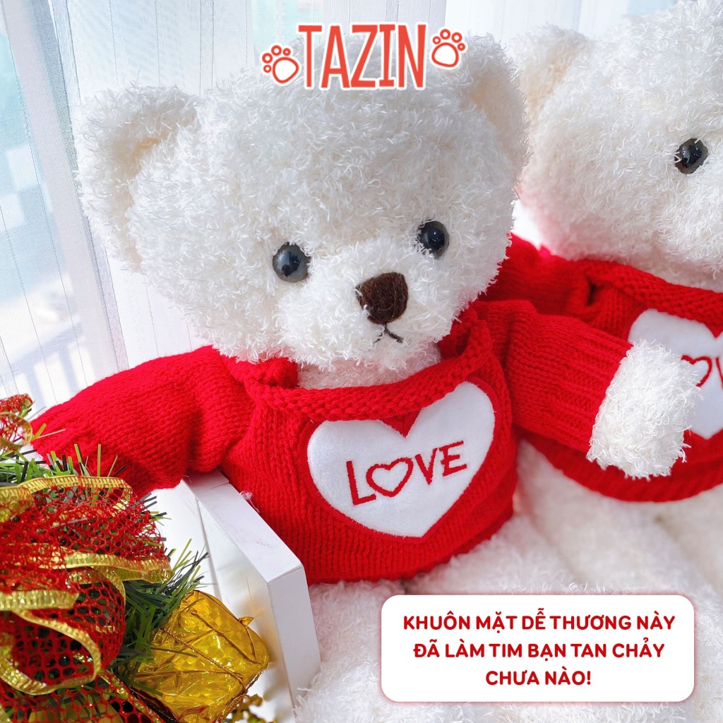 Gấu bông teddy head tales trắng áo đỏ chữ love, teddy head tales bông cao cấp TAZIN