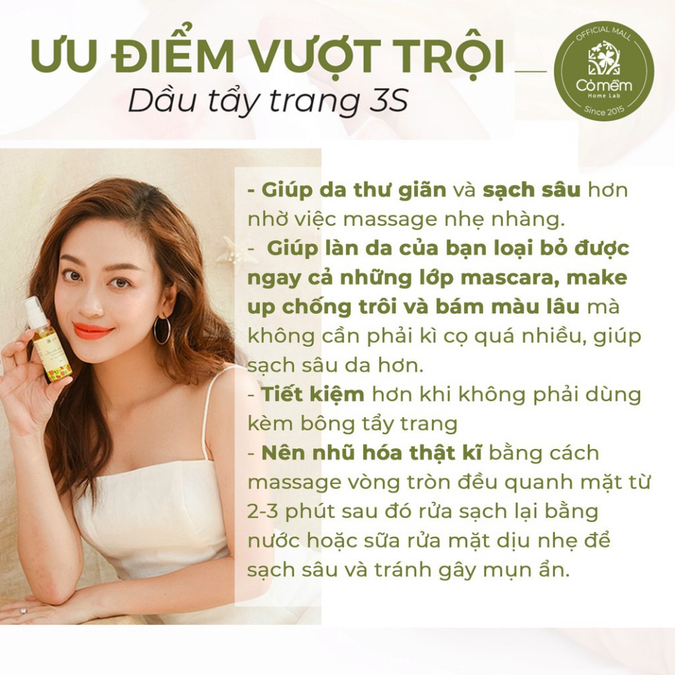 Dầu Rửa Mặt Tẩy Trang 3S Thiên Nhiên An Toàn Giúp Sạch Sâu Se Khít Lỗ Chân Lông Cỏ Mềm 50ml