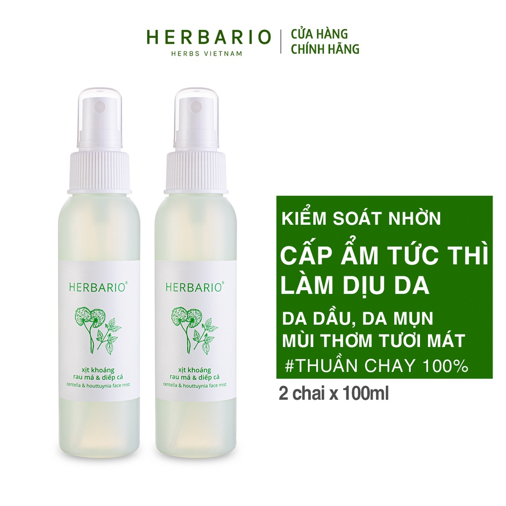 Combo 2 chai Xịt khoáng rau má &amp; diếp cá herbario 100ml thuần chay cho da mụn