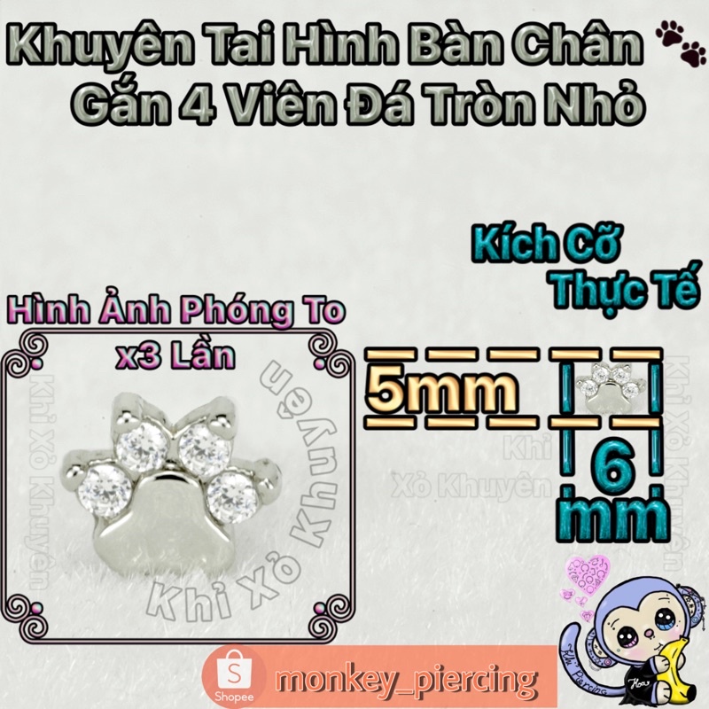 Khuyên Tai Hình Bàn Chân Cún / Chân Mèo - Gắn Đá ( giá bán là 1 chiếc )