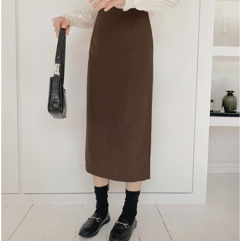 Set Áo Sơ Mi Tay Dài Màu Sắc Đơn Giản + Chân Váy Lưng Cao Xẻ Tà 31964