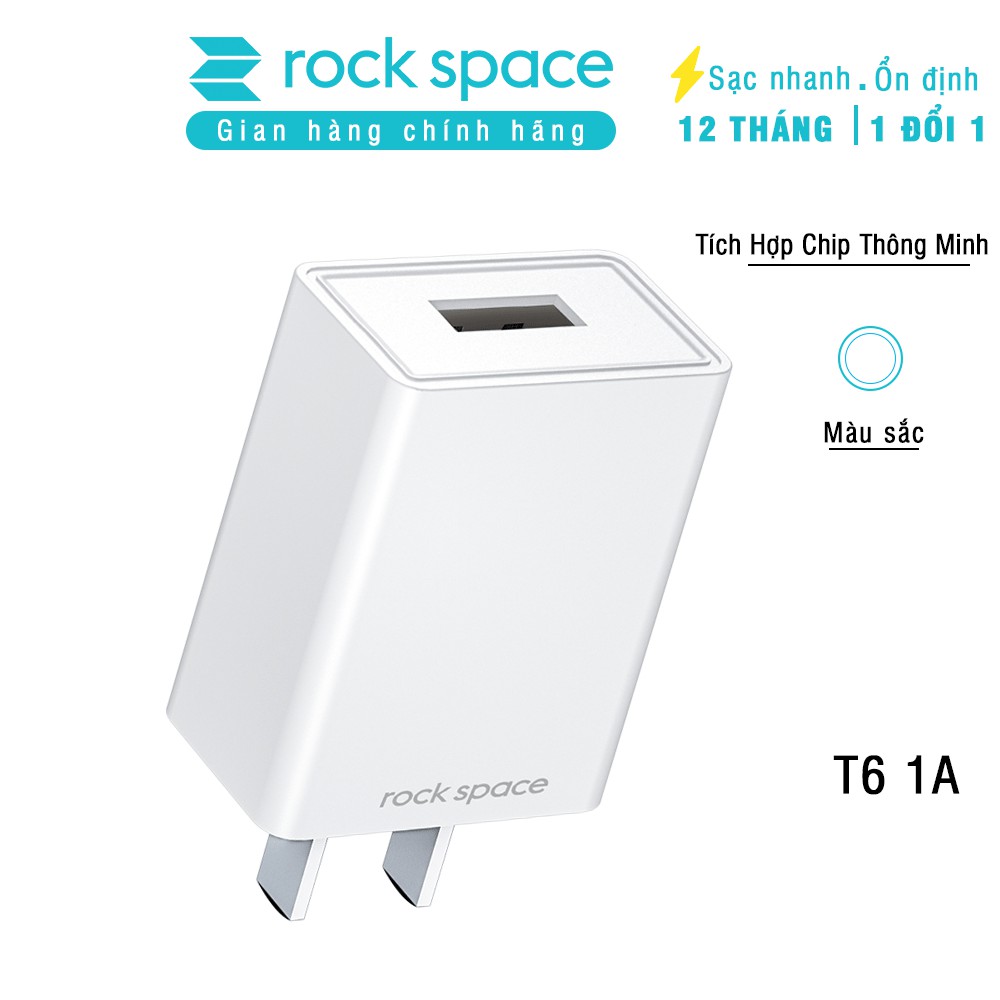 Củ sạc nhanh cho iPhone, Samsung Rockspace T6 1A 1 cổng USB chân dẹt không nóng - Hàng chính hãng BH 1 năm