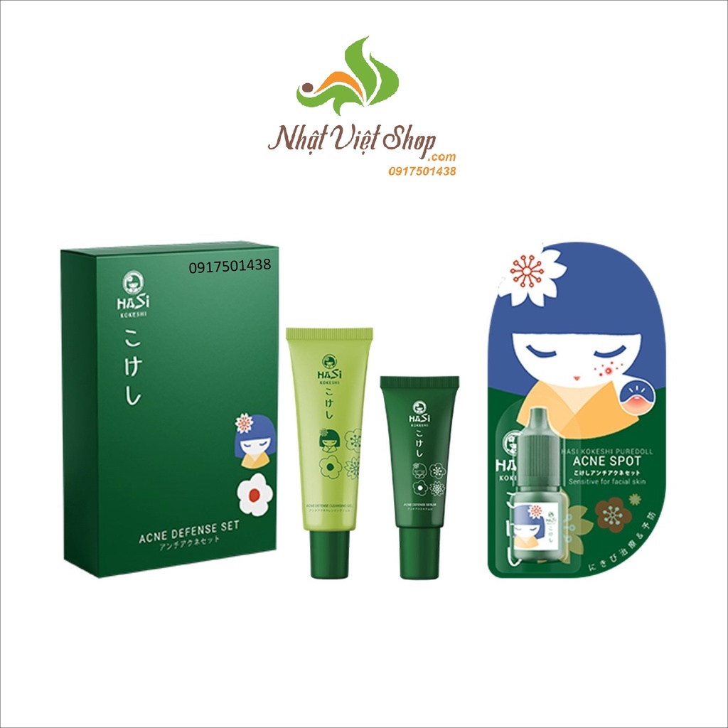 Combo Dưỡng cho da mụn Hasi Kokeshi Japan [Set: Gel rửa mặt 30ml-Serum 10ml + Chấm mụn 5ml]