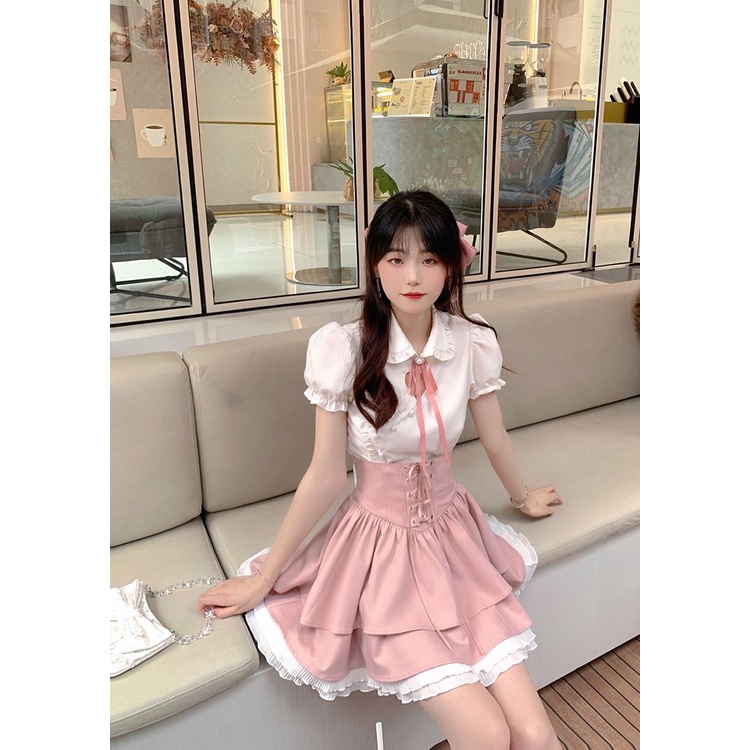 Hàng Có Sẵn  Đầm Công Chúa Tay Phồng Cổ Búp Bê Thắt Dây Eo Cao Thời Trang Phong Cách Hàn Quốc Ngọt Ngào