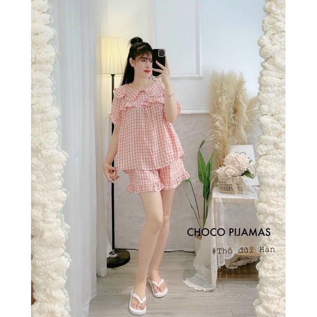 Bộ pijama mặc nhà dáng babydoll hoạ tiết kẻ ô, Đồ ngủ xinh sọc caro vải đũi lụa siêu mát