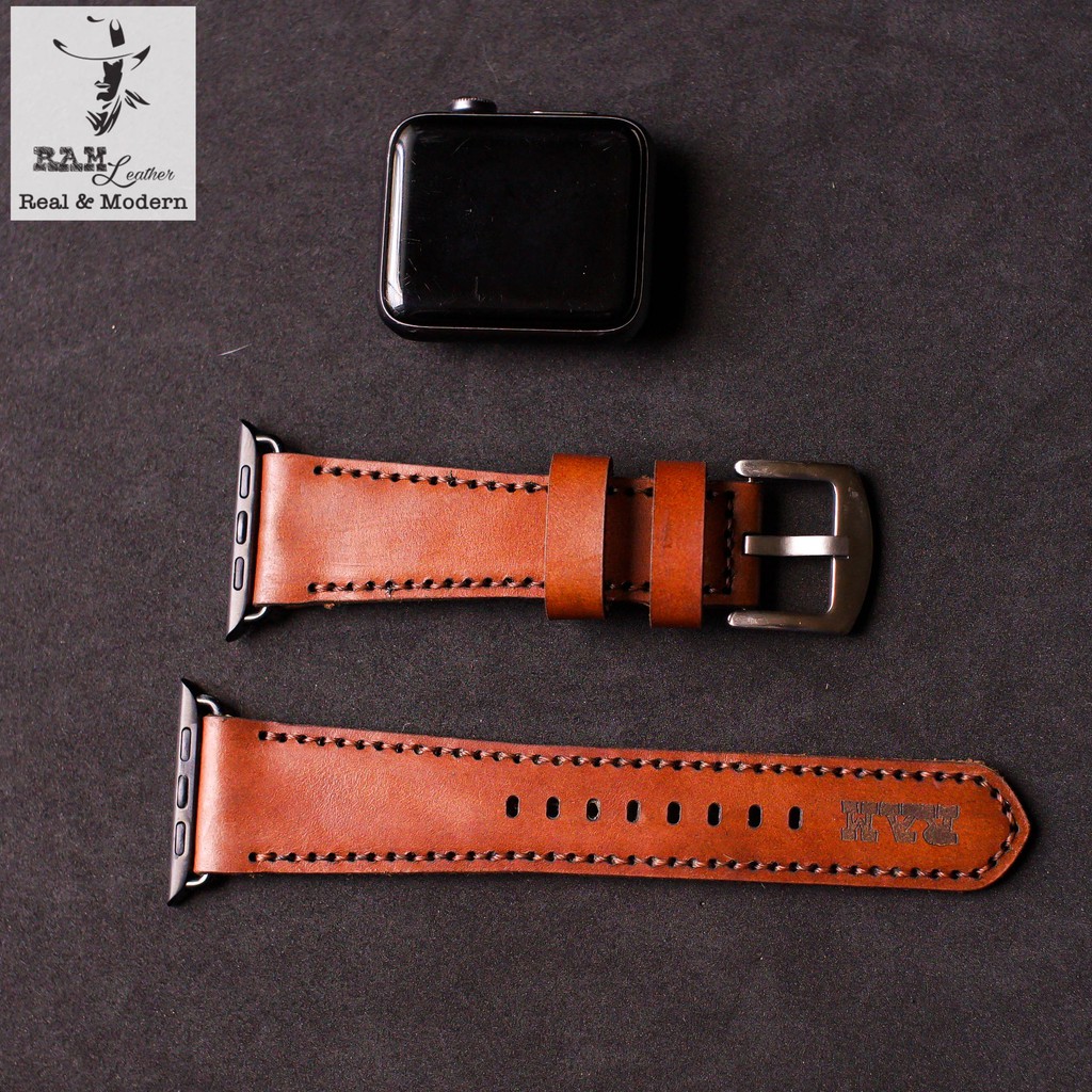 Dây apple watch da bò thật nâu đỏ handmade bền chắc cực đẹp RAM Leather bauhaus 1980 - tặng khóa chốt và adapter