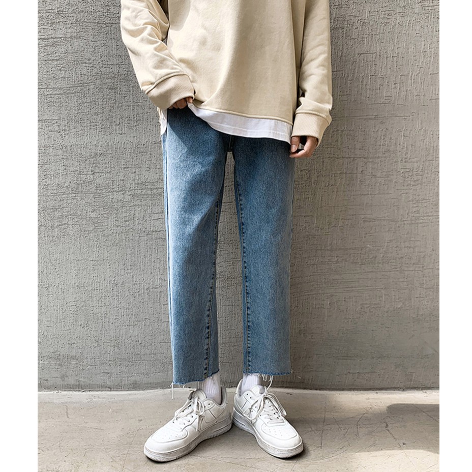 [Tiền Nào Của Đấy]Quần Jean Baggy Nam Ống Rộng Rách Gấu Màu Xanh Đậm Unisex Vải Không Phai Màu-B03