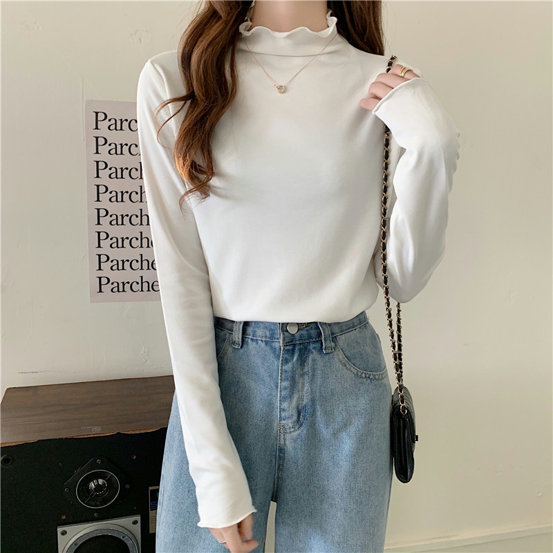 Áo Thun Tay Dài Cổ Cao Màu Sắc Đơn Giản Cho Nữ