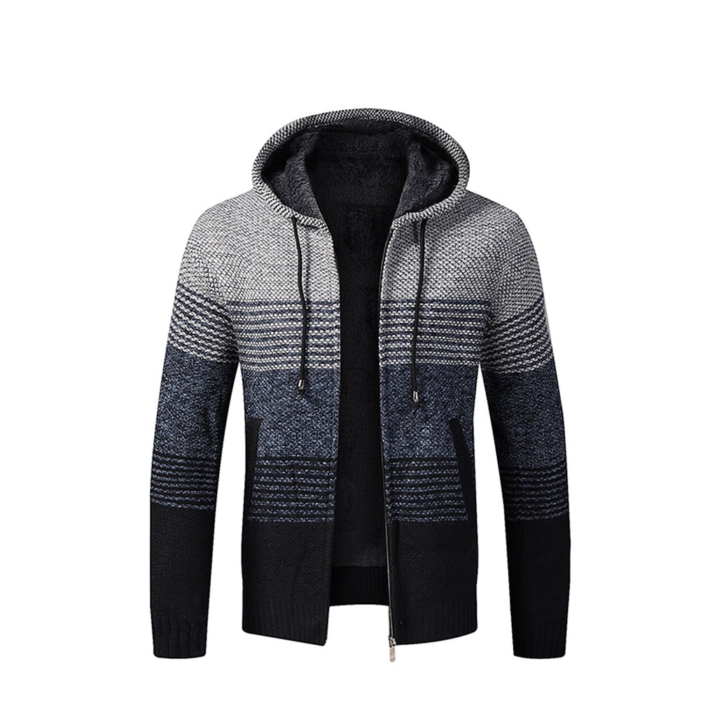 Áo Khoác Cardigan Dệt Kim Tay Dài Có Mũ Trùm Đầu Họa Tiết Kẻ Sọc Màu Đỏ Đậm Phong Cách Thời Trang Cho Nam