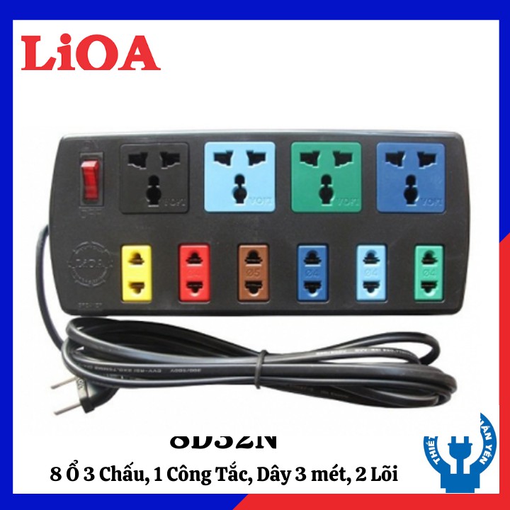 Ổ Cắm LIOA 8 Lỗ Đa Năng - FREESHIP - Chịu Tải 2200W - Có Nắp Che Chống Giật - 8D32N (Dây 3 Mét)