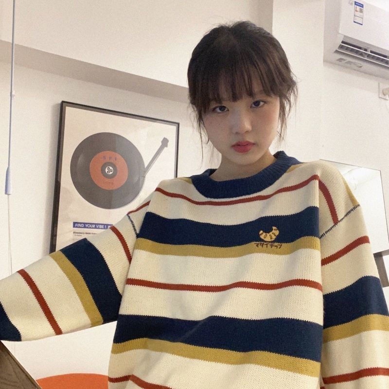 Áo Len Dài Tay Họa Tiết Sọc Thêu Phong Cách Hàn Quốc Thời Trang Thu Đông Mới Cho Nữ