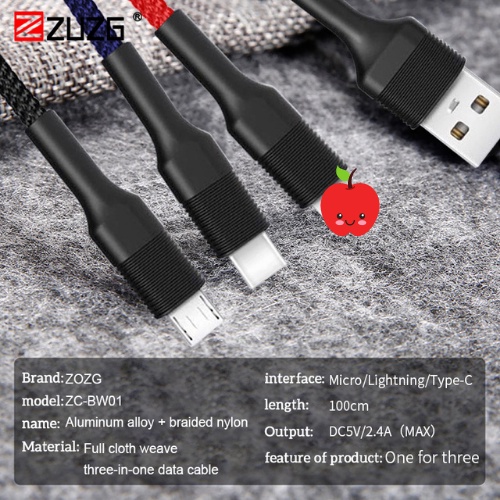 Cáp sạc 3 đầu IPmicro type c ZUZG đa năng bọc dù BW01