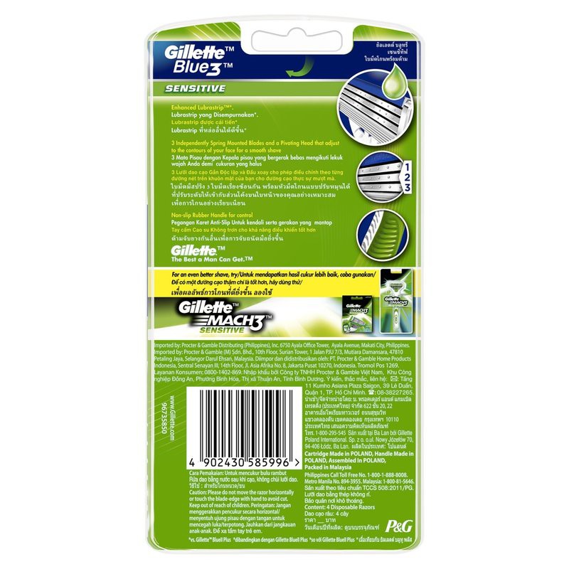 Dao Cạo Râu Gillette Blue 3 Sensitive 3 Lưỡi (4 Cây) Blue 3 Sensitive
