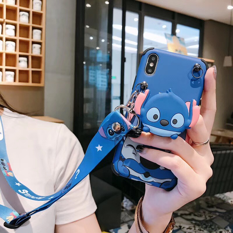 Stock❤Cute Winnie Bear Stitch fold stand+Strap iPhone12 11 Xsmax XR 7/8plus 6s soft Glossy case Cover Casing