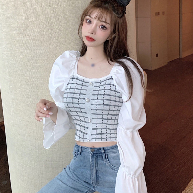 Áo Kiểu Nữ Ca Rô Dài Tay Cổ Tròn Thời Trang