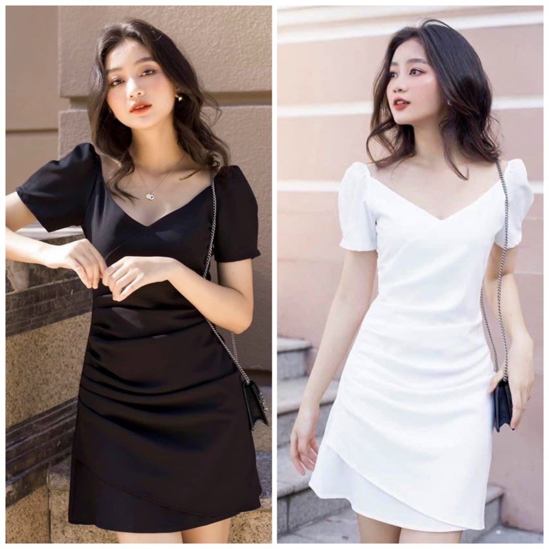 Đầm váy freesize cổ V nhúng eo 2 màu
